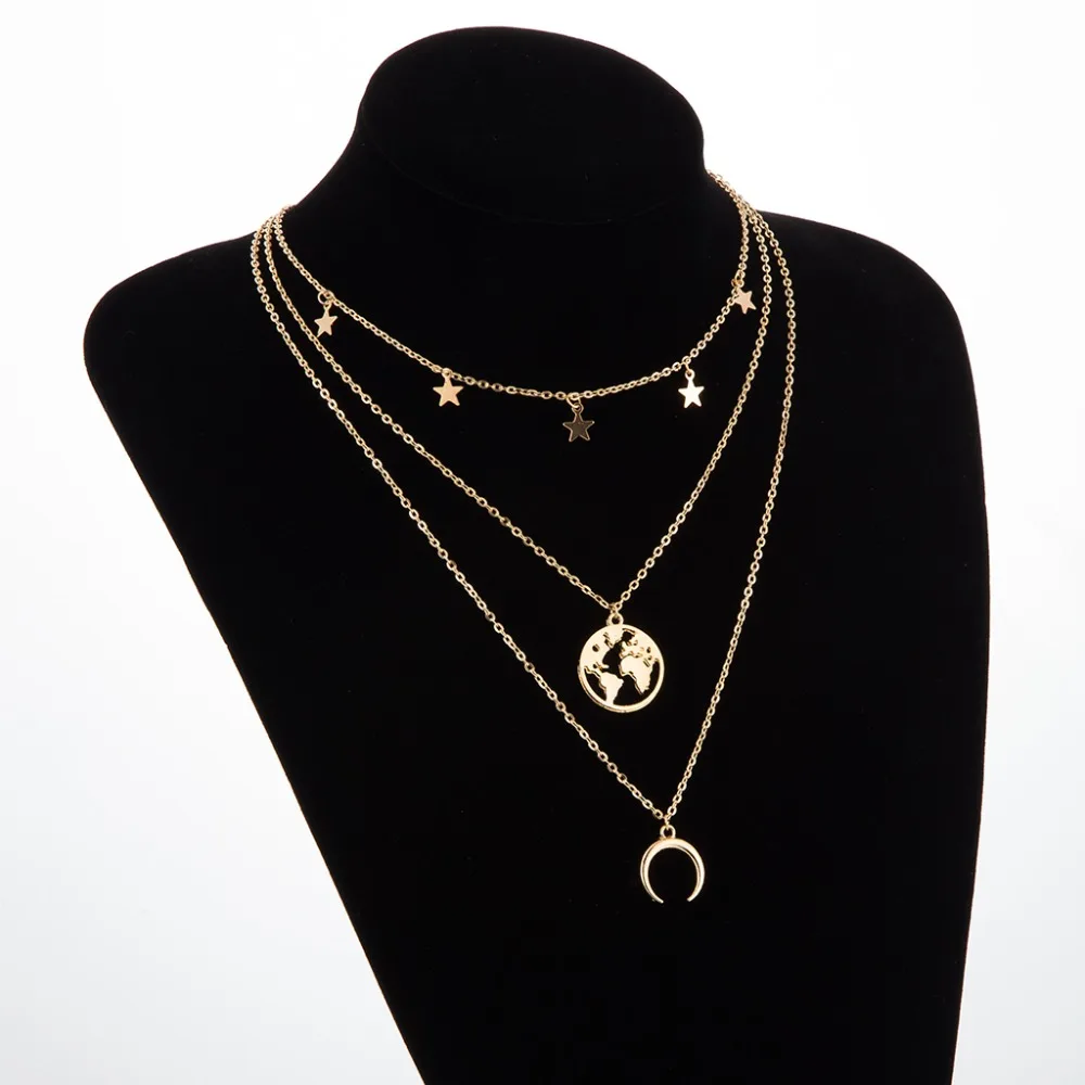 

Tocona Charming Moon Map Pendant Necklace for Women Multi-layer Silver Gold Color Alloy Metal Chain Necklace Jewelry Gift 7104