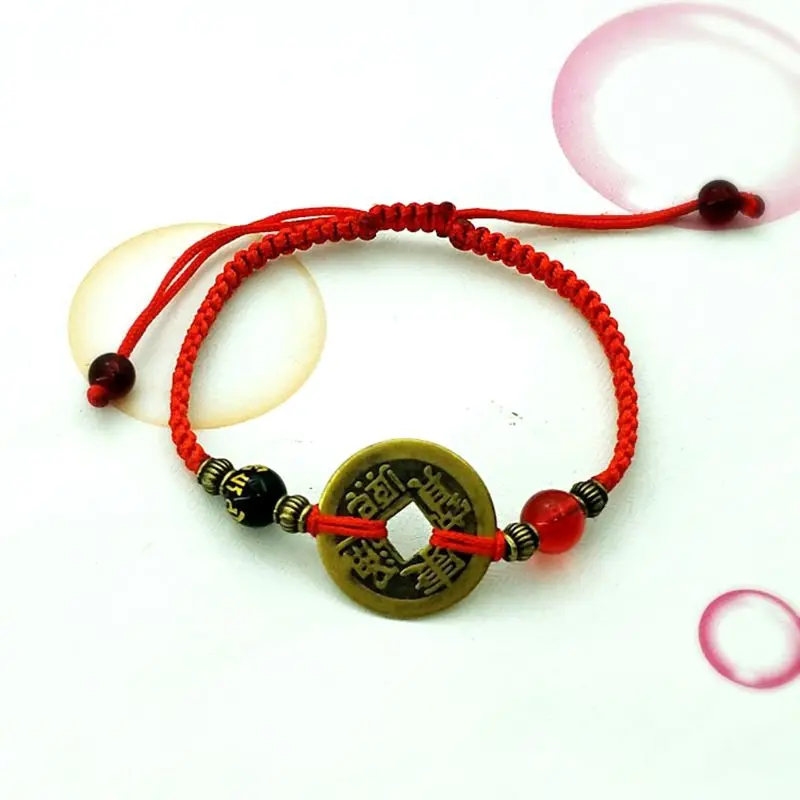 

Buddhism Six Words Ancient Coin Kabbalah Red String Bracelets Lucky Protection