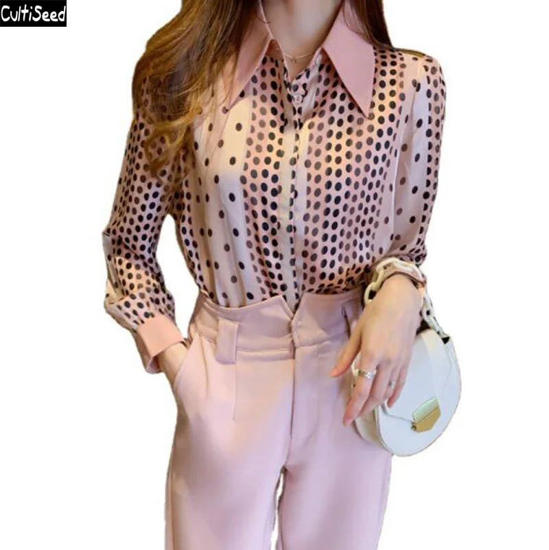 

Cultiseed 2021 Spring New Women Pink Polka Dot Print Chiffon Shirts Tops Female Fashion Elegant Office Work Party Blouses