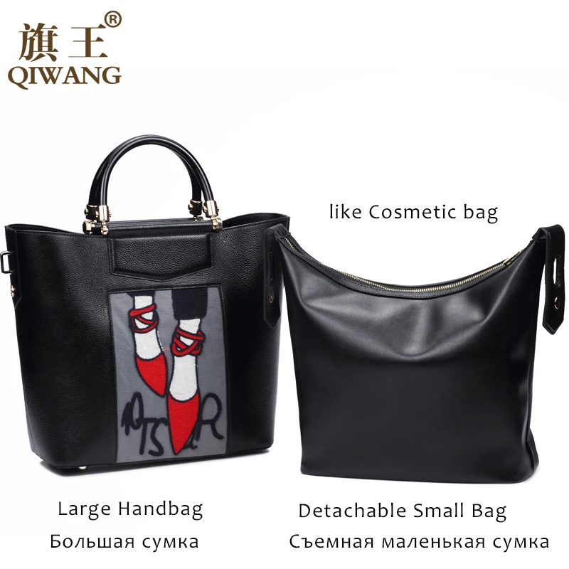 Qiwang большие сумки для женщин из натуральной кожи Tote черные роскошные брендовые