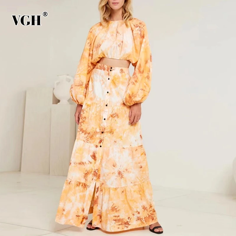 

VGH Print Women's Summer Suit Round Neck Bishop Long Sleeve Short Top High Waist Maxi Skirt Two Piece Set Women 2021 Fashion New