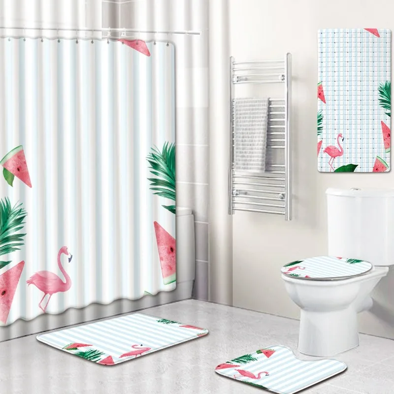 

Flamingo Bathroom Shower Curtain Mat Toilet Cover Mat Waterproof Bath Mat Five-Piece Carpet bathroom shower curtains and rugs