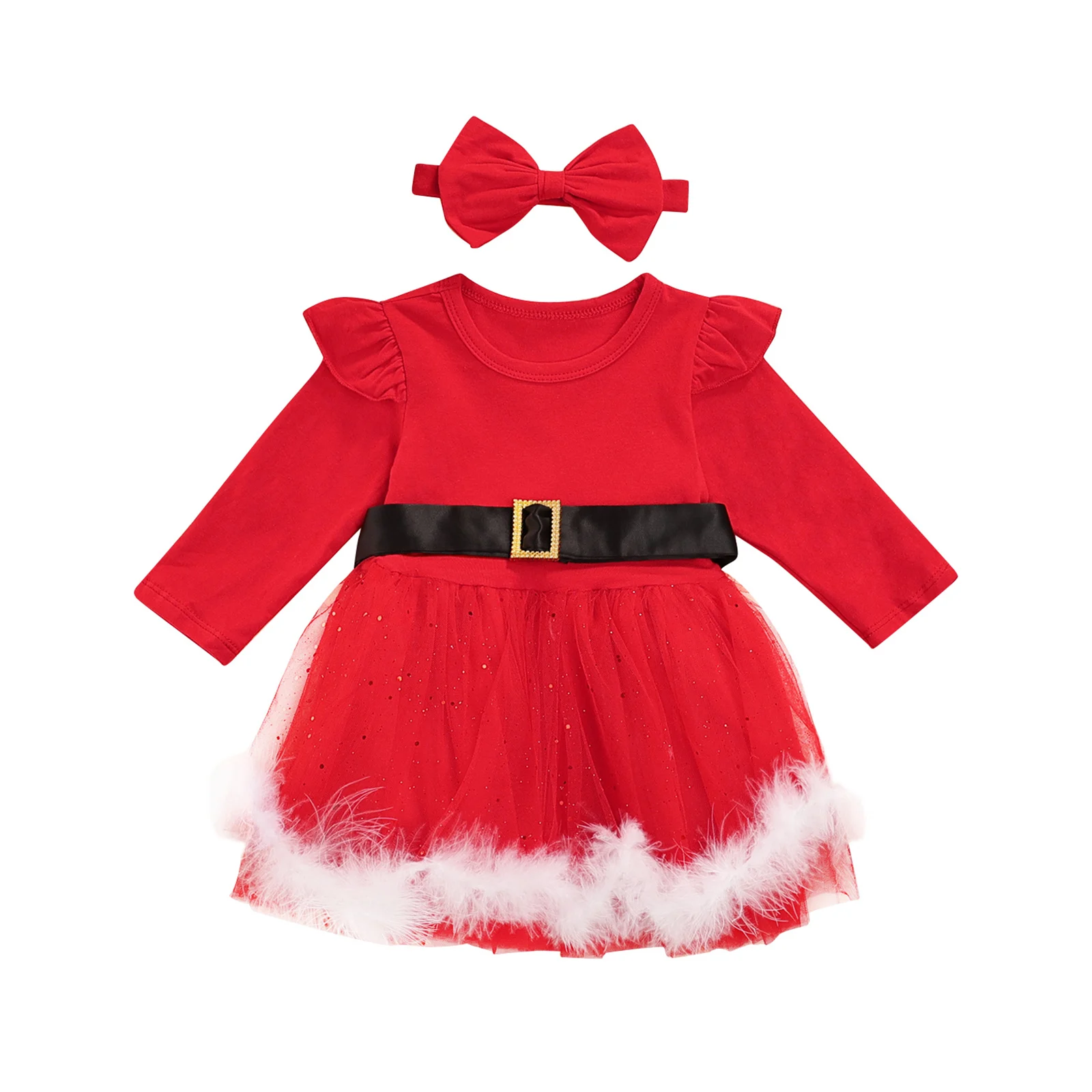 

Emmababy Christmas Xmas Girls Clothes Set Long Sleeve O-neck Midi Tulle Dress with Waistband+Bow-knot Headband