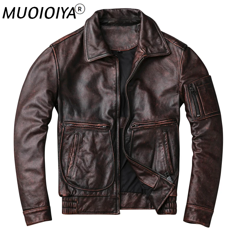 

MUOIOYIA Genuine Leather Jacket Men Cow Leather Coat Vintage Motorcycle Jacket brown real cowhide veste cuir homme KJ4115