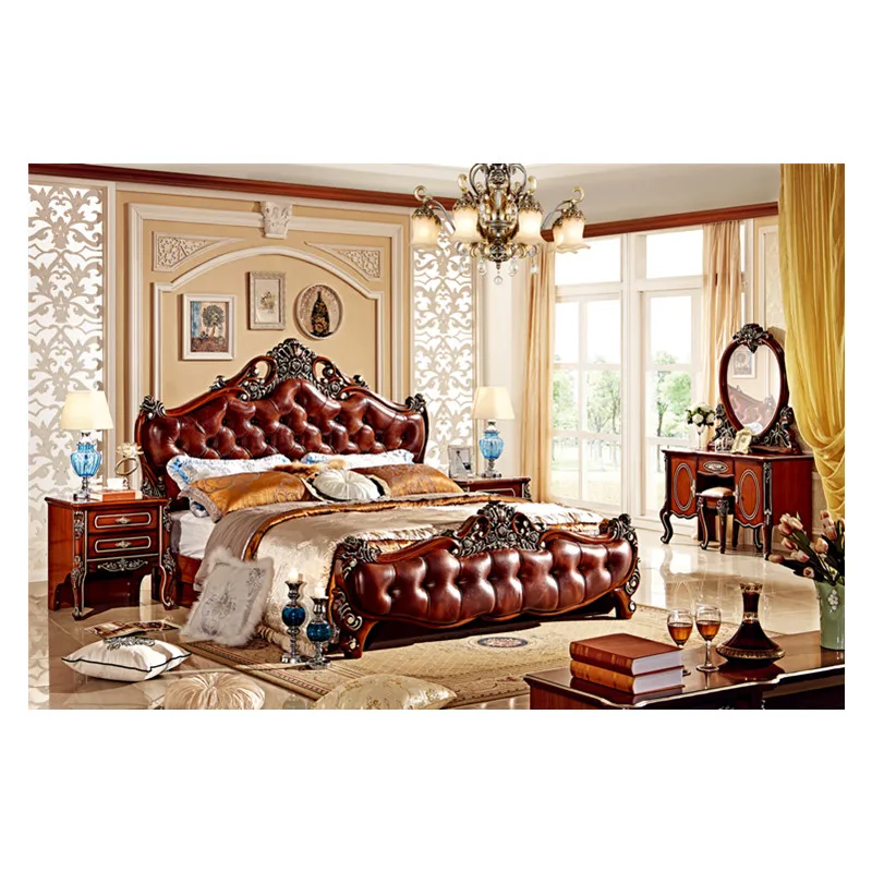 Классические роскошные кожаные кровати прикроватный столик и комод|leather bed|genuine