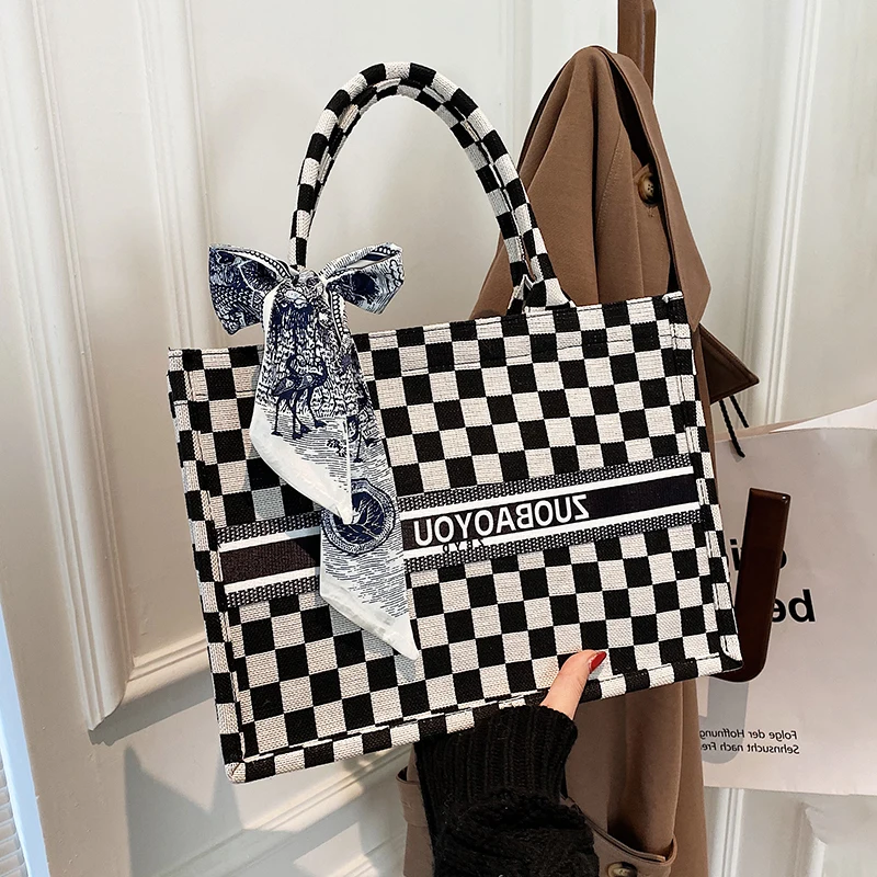 

2022 Autumn Winter New Large-Capacity High-Quality Texture Wild Western Canvas Denim Checkerboard Women Shoulder Tote Handbag