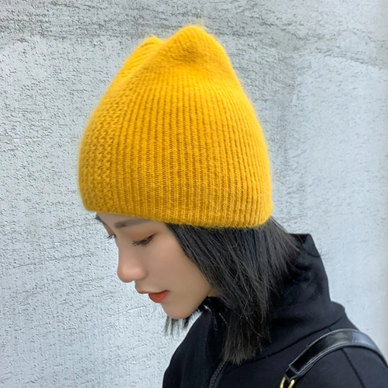 

Warm rabbit hair wool Beanies hat cute cat ears knitted hat women's autumn and winter ear protection warm knitted hat