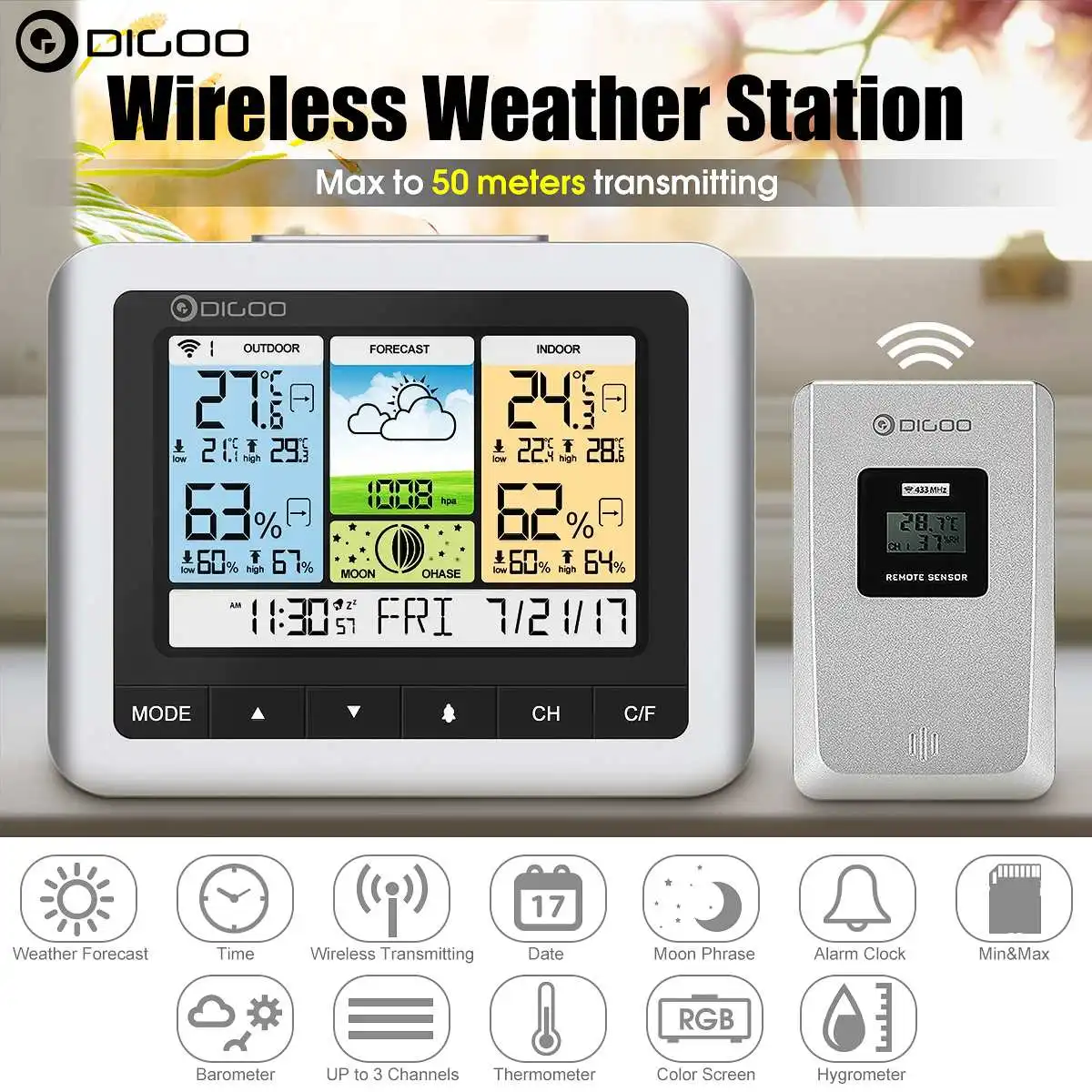 

Digoo DG-TH8888 Wireless Weather Station Indoor Outdoor Thermometer Humidity Sensor Forecast Sensor Alarm Clock Date Backlight