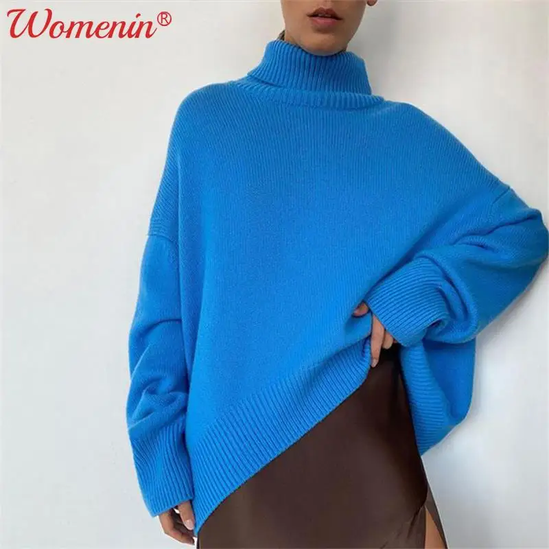 

Cashmere Solid Women's Turtleneck Sweater Knitted Long Batwing Sleeve Loose Ladies Sweaters 2021 Autumn Winter Female Jumper