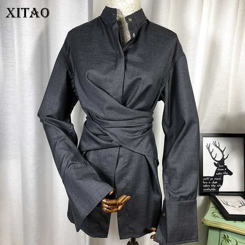 [XITAO] новые осенние корейские повседневные женские одноцветные однобортные рубашки женские блузки с длинным рукавом и стоячим воротником KZH1929