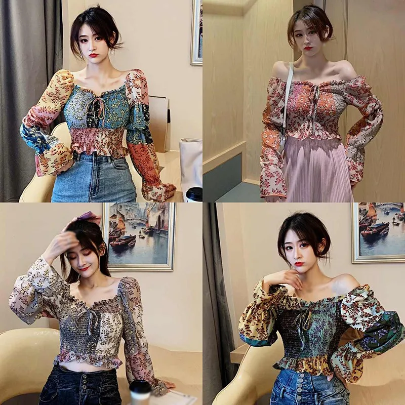 

Women's Floral Print Patchwork Puff Sleeve Shirts Summer Female Top Square Collar Navel Exposed Long Sleeve Chiffon Shirt