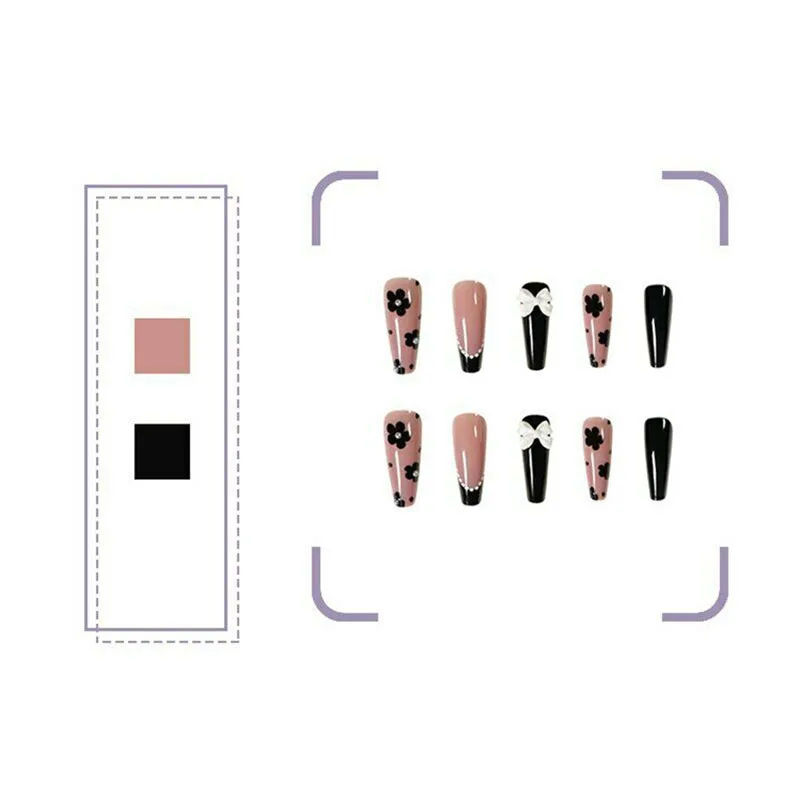 

24Pcs/Set Black Flower Nude Fake Nails with 3D Bows Artificial Long Coffin Press On Nails DIY Manicure Nail Art Tools