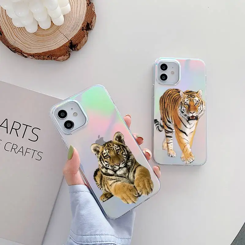 

Tiger animal Phone Case for iPhone huawei P 7 8 9 11 12 10 30 40 S X XS XR MINI Pro Max Plus laser Transparent Glitter