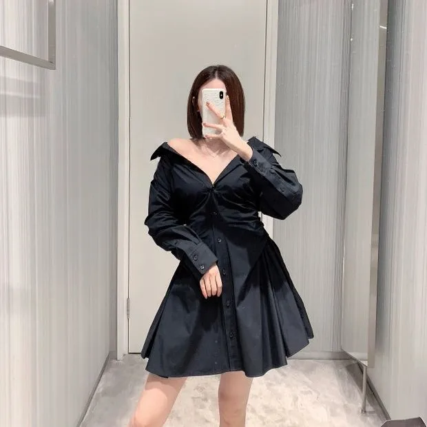 

2021 early spring new women's dress cotton white polo collar irregular fold waist design shirt