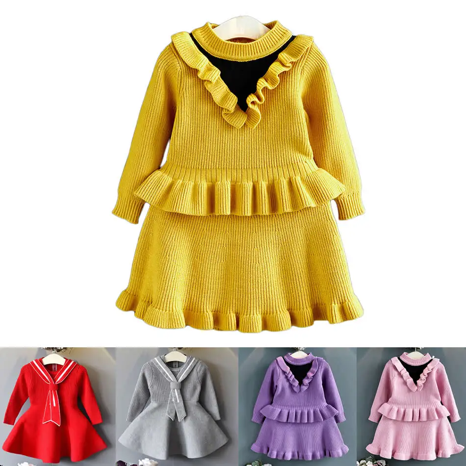 

Autumn Toddler Ruffle Knitted Dress Kids Fashion 2 Pcs Suits Baby Girls Thick Warm Soft Sets Children Outfits