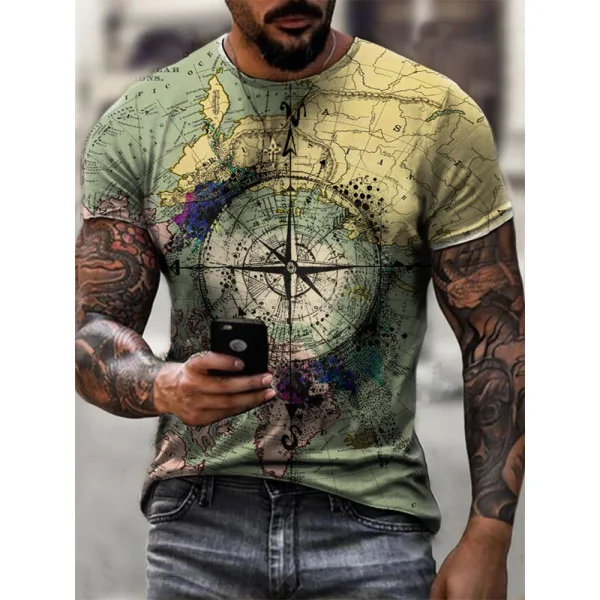 

2021 summer trend new men's round neck slim T-shirt personalized map print short sleeve