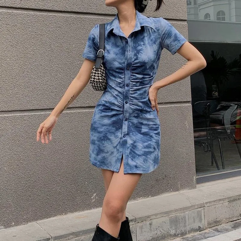 

wsevypo New Summer Blue Tie Dyed Wrap Short Shirts Dress Women Short Sleeve Button down Ruched Mini Dress Fashion Streetwear