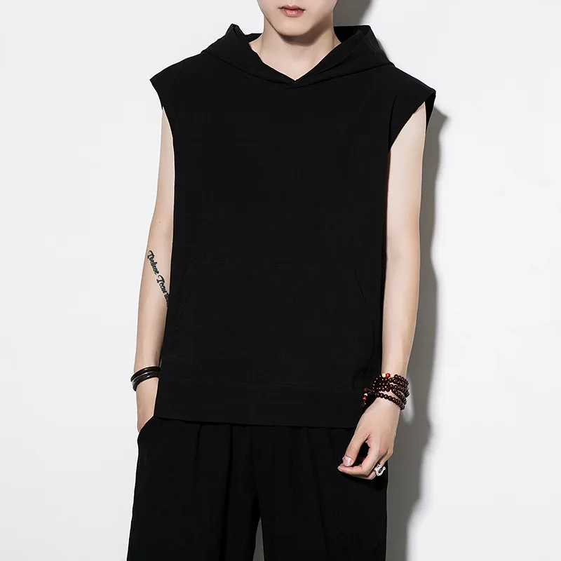 

Chinese Style Summer Linen Sleeveless Sports T-shirt Hooded Vest Jacket Men's Loose Cotton Linen Bottoming Shirt Thin Top