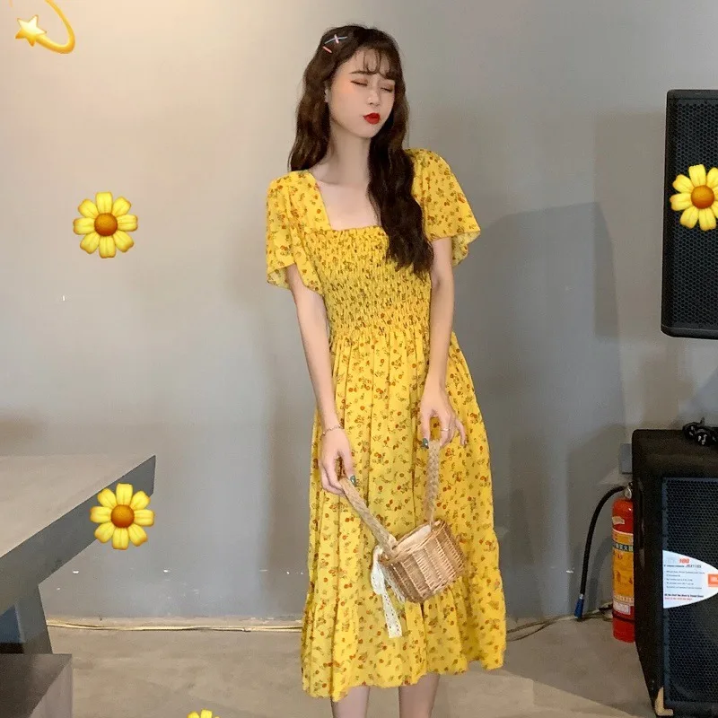 Floral Dress Boho Puff Sleeve Square Neck Women Vintage Summer Beach Dresses 2020 Korean Kawaii Ruffle Clothes Vestidos | Женская одежда