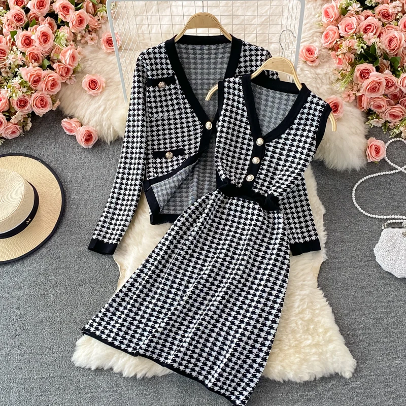 

Fall Winter Women Houndstooth Single-Breasted Cardigan Warm Sweater Jacket + Knitted Vest Slim Dress Vestido Two Piece Set Coat