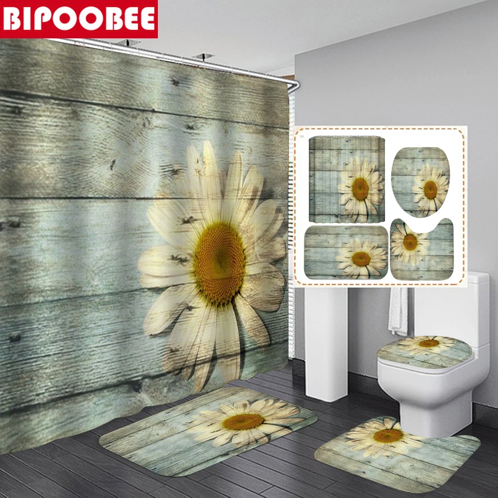 

White Floral Barn Wood Farmhouse Shower Curtain for Bathroom Decoration Rustic Bath Curtains Non-Slip Rugs Toilet Lid Cover