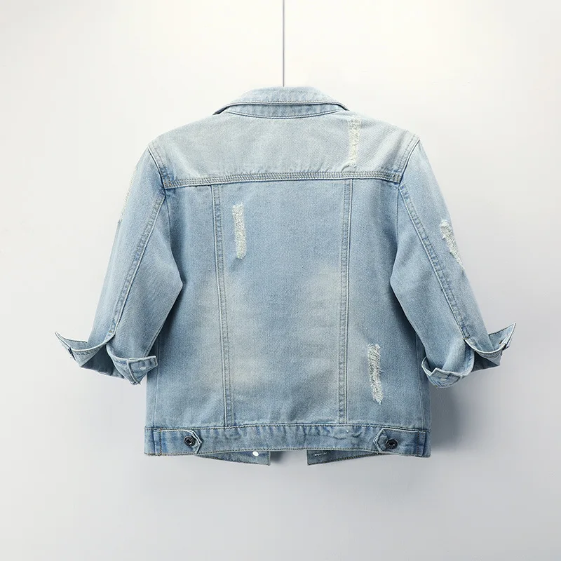 

Spring and Autumn Korean Short Slim Washed Casual Large Size New Cropped Sleeve Denim Jacket Women's Top Jacket Shawl