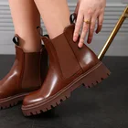 Женские ботильоны из искусственной кожи без застежек, однотонные женские короткие ботинки на толстой подошве, модная женская обувь в стиле ретро, осень 2021