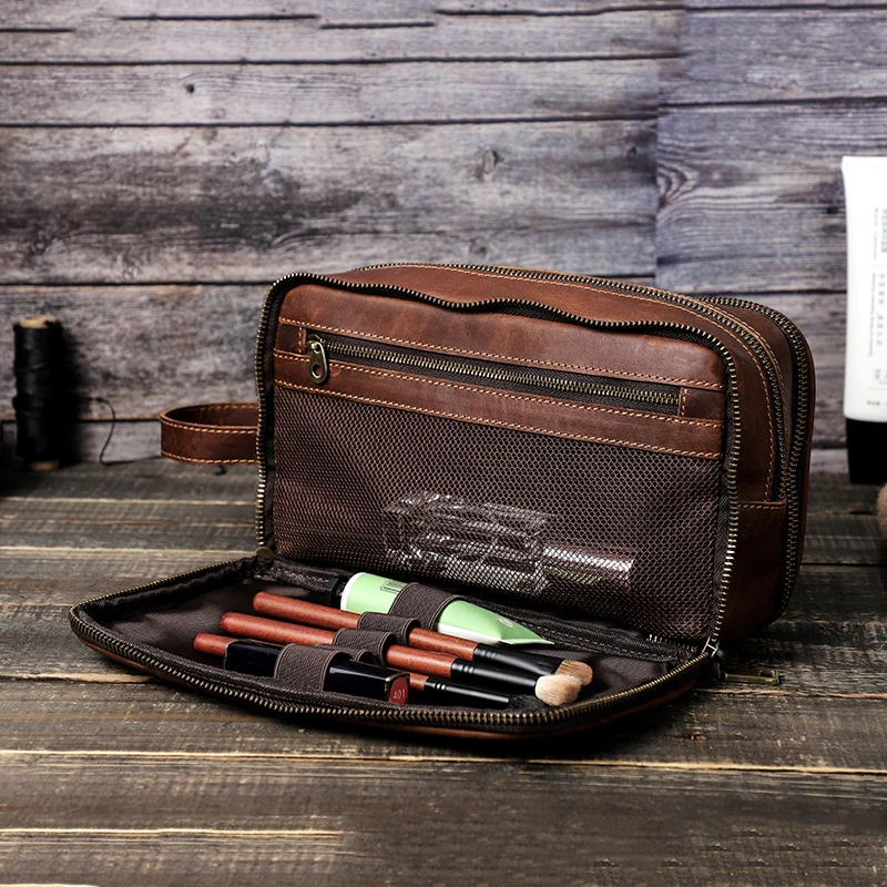 Koop Crazy Horse Lederen Mannen Wassen Tas Toevallige Reizen Comestic Storage Case Clutch Handtas Make Organisator Mannelijke Toilettas Neceser