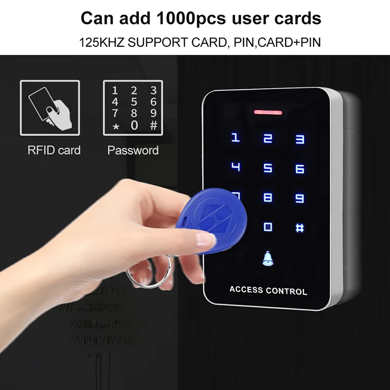 Press Panel Access Control Keypad RFID Reader Keyboard Controller WG26 Door Bell Button + 10Pcs EM4100 Keyfobs Tags |