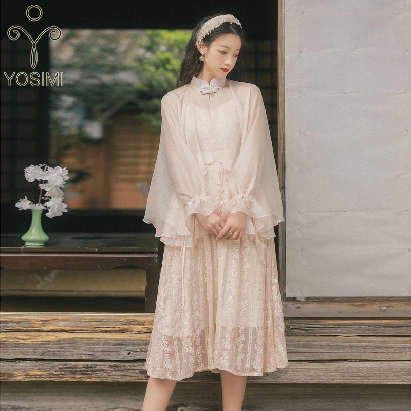 

YOSIMI 2021 Summer Two Piece Outfits Women Chinese Champagne Bat Sleeve Sunscreen Top and Sleeveless Mid-calf Lace Dress Vintage