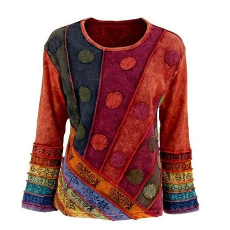 

Vintage Polka Dot Print Patchwork T Shirts Women Casual O Neck Plus Size Tee Shirts Autumn Flare Long Sleeves Pullover Tops 5XL