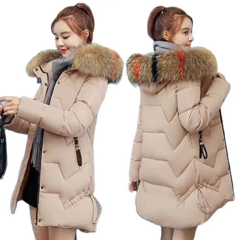 

2022Winter New Style Cotton-Padded Jacket Female Mid-Length Large Fur Collar Thick Down Coat Women Parkas Loose Coat