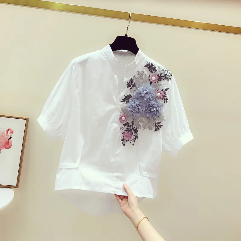 2021 летняя новинка Женская блузка и рубашки с вышитыми цветами хлопковые офисные