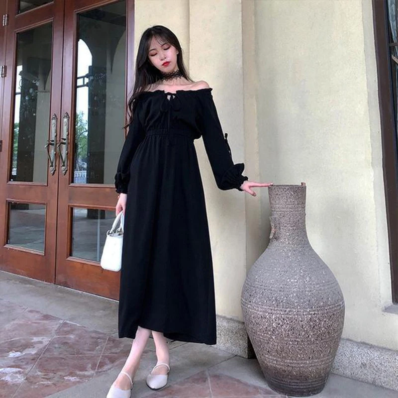 

Elegant new off shoulder dress autumn Korean fashion leisure sexy party slim Ruffle A-line dress SS1092