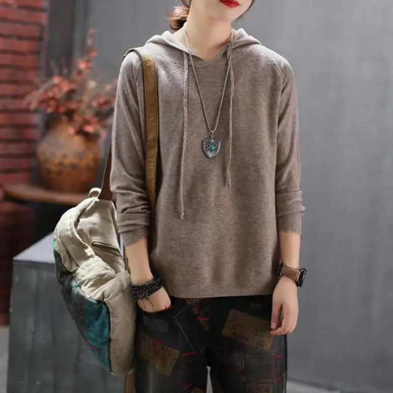 Johnature Pullovers Sweater Women Clothes 2019 New Autumn Hooded Casual Full Sleeve Knitted Solid Color All-match | Женская одежда
