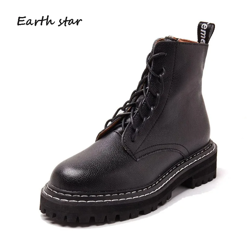 Botas mujer/ г. Повседневная обувь женские Ботинки martin модные брендовые женские ботинки из натуральной кожи ботинки белого цвета с перекрестной шнуровкой - Цвет: Черный