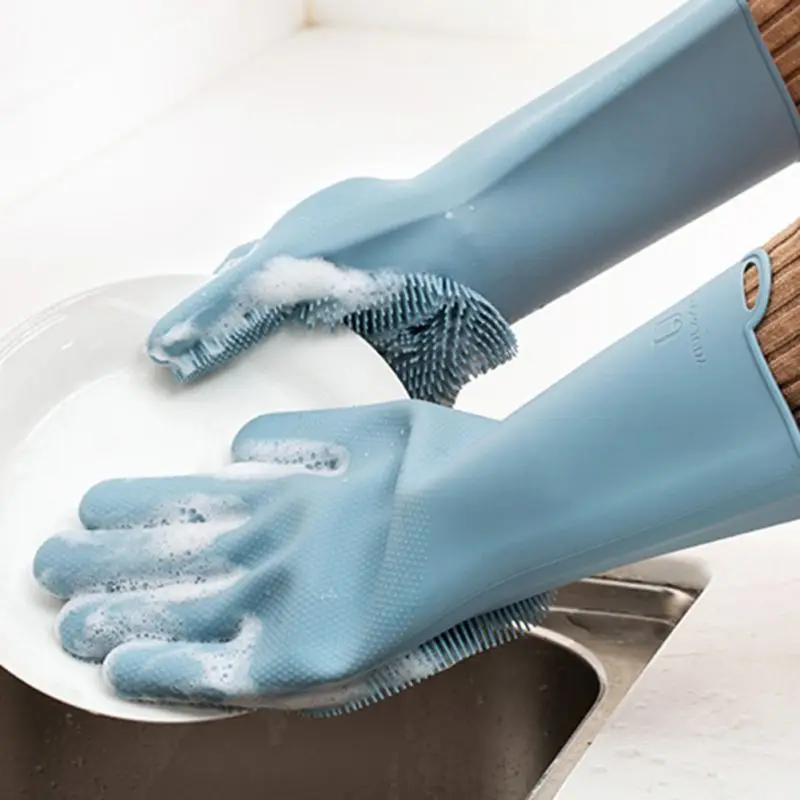 

Baking gloves heat insulation durable silicone gloveses with scrubber simple and super long silicone dishwashing gloves