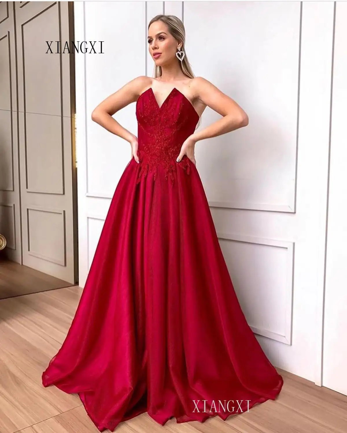 

Dark Red Evening Dress Satin A-Line Lace Appliques Special Formal Gowns Evening Dresses Long abendkleider