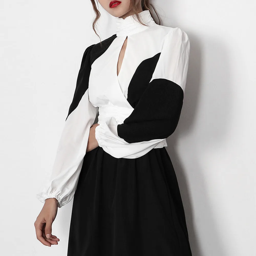 

Vintage Women White Contrast Color Hollow Out Blouse New Stand Collar Long Sleeve Loose Fit Shirt Fashion Spring Summer 2021 New