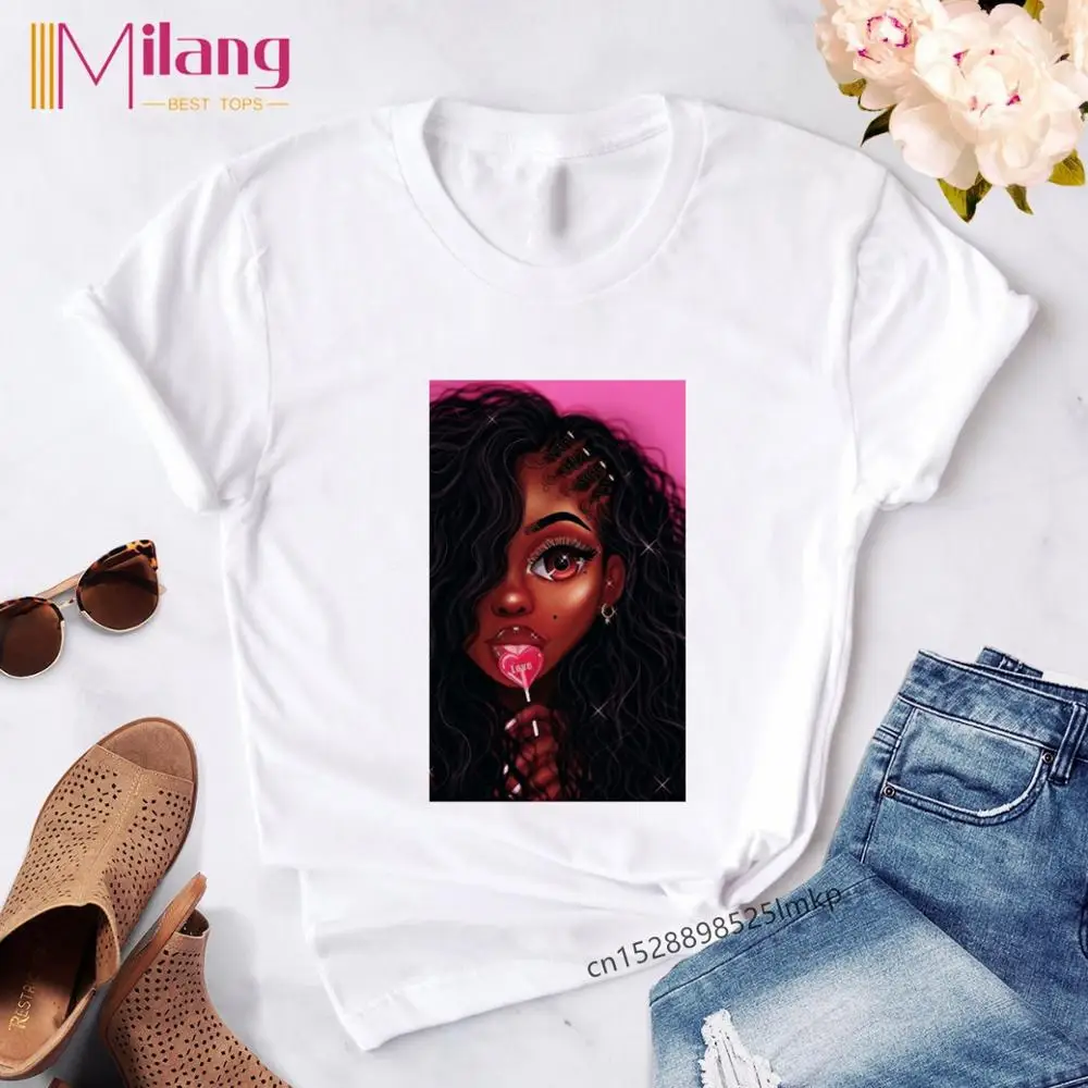 Женская футболка Melanin Poppin красивая черная с принтом для девочек модная Прямая