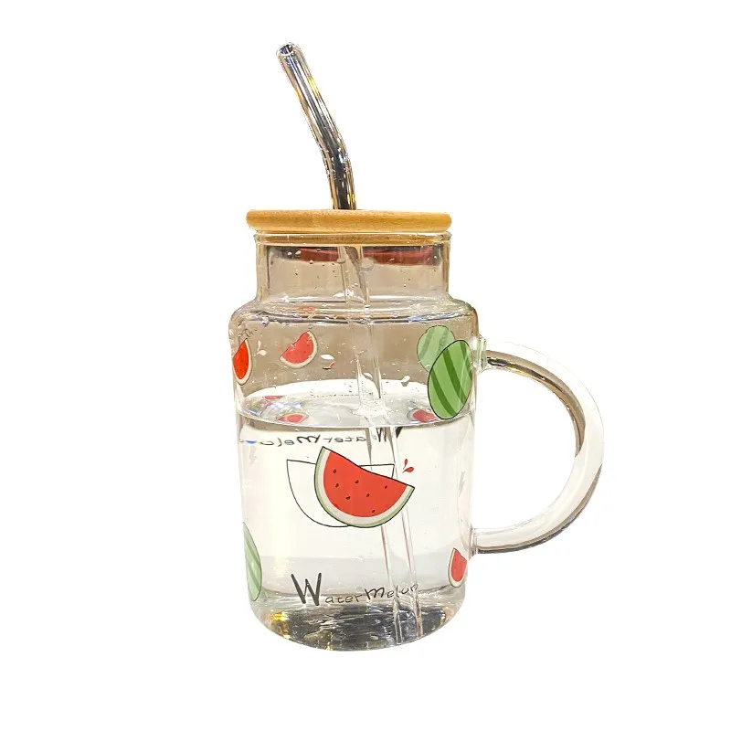

450ml Kawaii Watermelon Glass Water Bottle Cute Fruit BPA Free Transparent Fruit Water Bottles With Straw Handle Drinking Cups