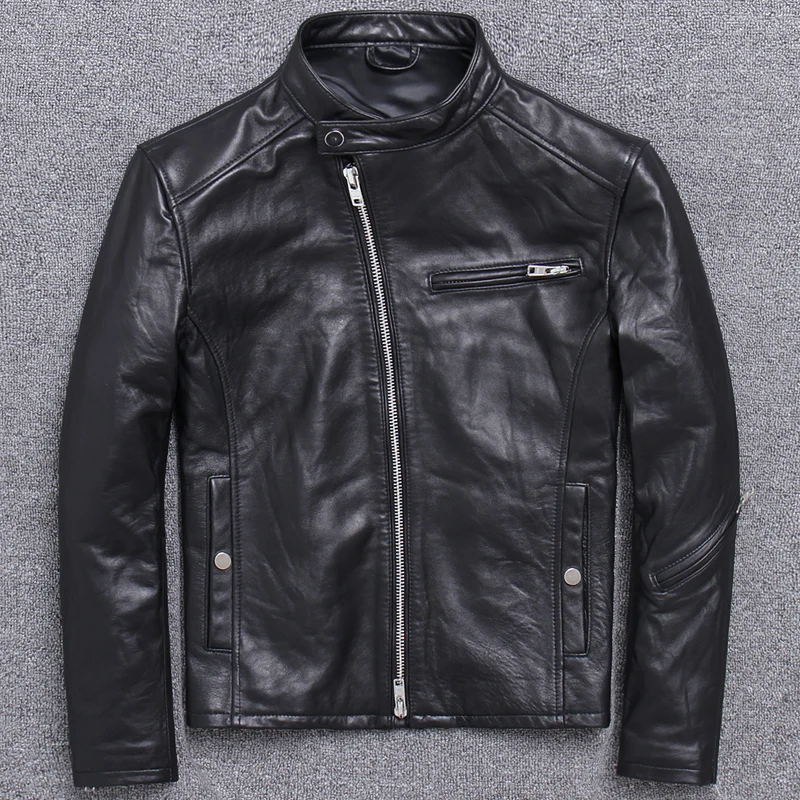 

Leather Real 200% Genuine Sheepskin Coat Vintage Short Biker Motorcycle Jacket Men Chaqueta Cuero Hombre U-2909 J4200