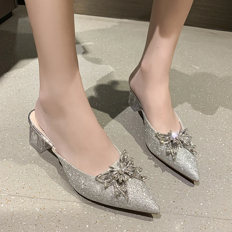 

Slippers female 2021 new thick-heeled pointed bow spring and autumn hollow fairy style summer breathable single-shoe slippers