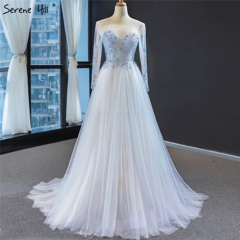 2021 Светло Голубые Вечерние платья с длинными рукавами круглым вырезом бисером и