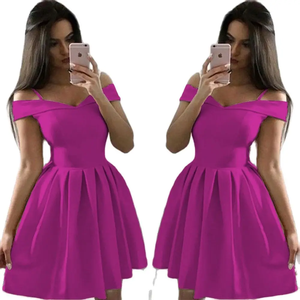 

Elegant Slash Neck Strap Princess Dress Women Sexy Off Shoulder Backless Party Dress Lady Casual Solid A-Line Mini Dress Vestido