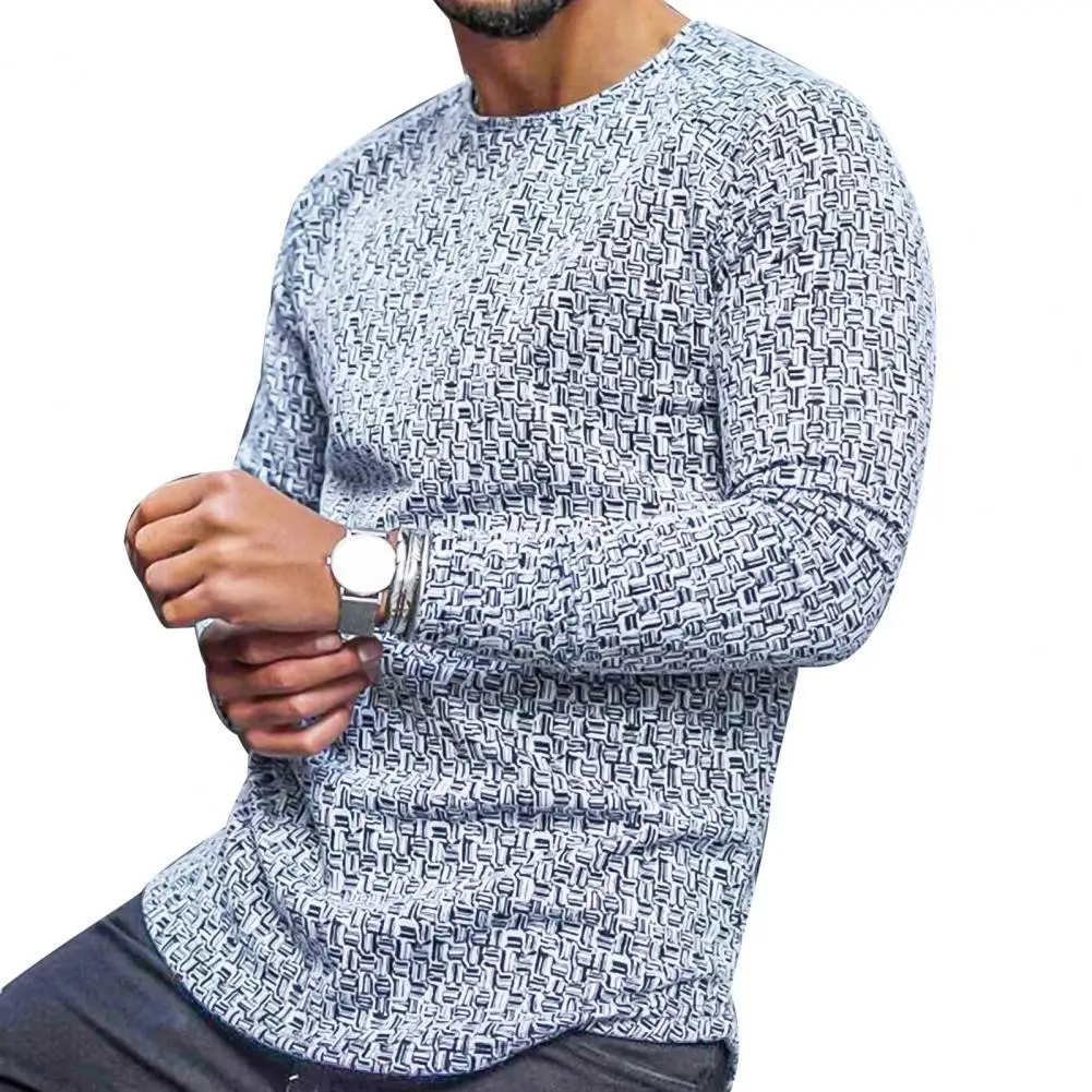 

80% HOT SALES！！！T-shirt Long Sleeve Slim Top Cotton Blend Men Stripe Plaid Print Pullover for Autumn