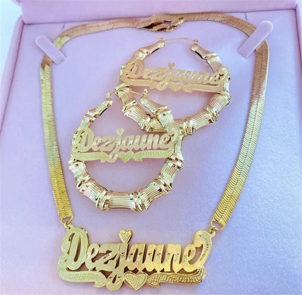 Custom Name Jewelry Set Double Nameplate Necklace Personalized Name Plate Snake Chain Custom Name Earring for Women Dropshipping