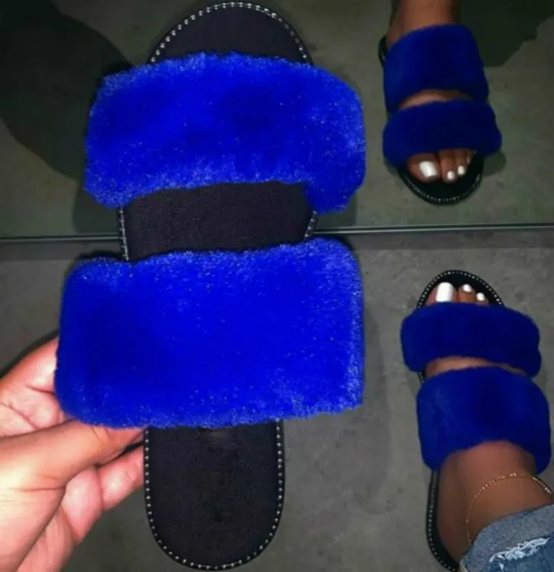 

Rainbow New 2020 Durable Sandals Outdoor Wild Fashion Beach Flat Flip Flop Fox Fur Spring Summer Pink Women Home Furry Slippers