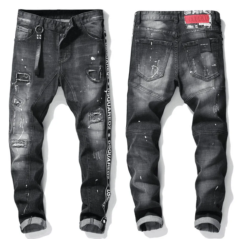 

European American Men Jeans Scratched Torn Holes Patch Lacquer Points Slim Fit Feet Trendy Pants International Big-name Jeans