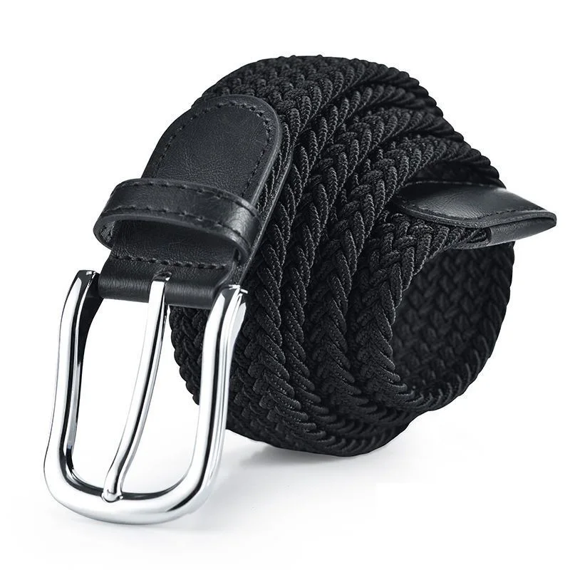 High Quality Women Men  Knitted Silver Black Pin Buckle Belt Woven Canvas Elastic Braided Stretch Belts Plain Webbing Strap